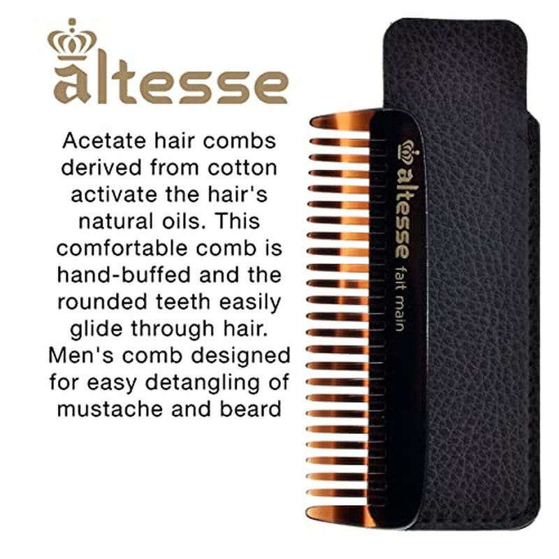 Altesse 11132 Small Wide Tooth Comb Tortoiseshell Mustache Comb for Men (3.5") with Pocket Comb Synthetic Leather Case. Essential Facial Hair Travel Comb For Any Beard Kit for Men. Handmade in France