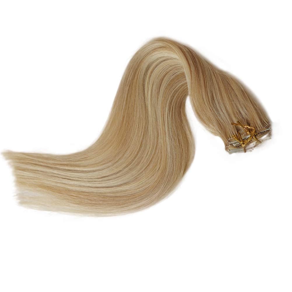 Remy Clip in Hair Extensions Balayage Soft Real Human Hair Extensions 22 Inch Human Hair Natural Beige Blonde with Bleach Blonde 70g 7Pcs For Women