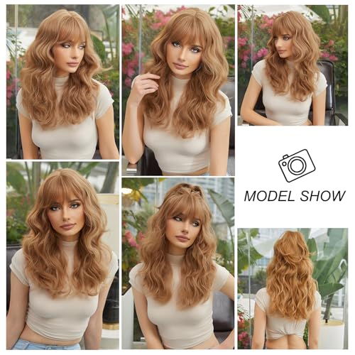 Esmee Strawberry Blonde Long Wavy Wig with Bangs for Women Natural Synthetic Hair Heat Resistant Wigs for Daily Party Cosplay Wear 22 Inches
