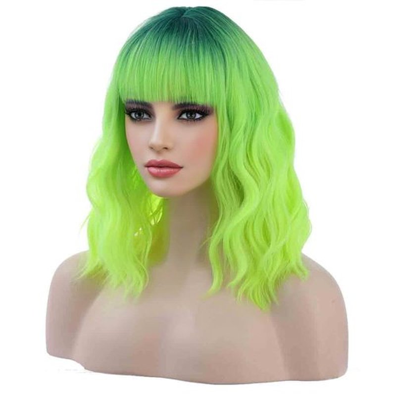 MAGQOO Green Wig Neon Green Wig Ombre Green Wig Women St Patricks Days Wig Ombre Neon Lime Green Bob Wig Short Curly Lime Neon Green Wig with Bangs Synthetic Heat Resistant
