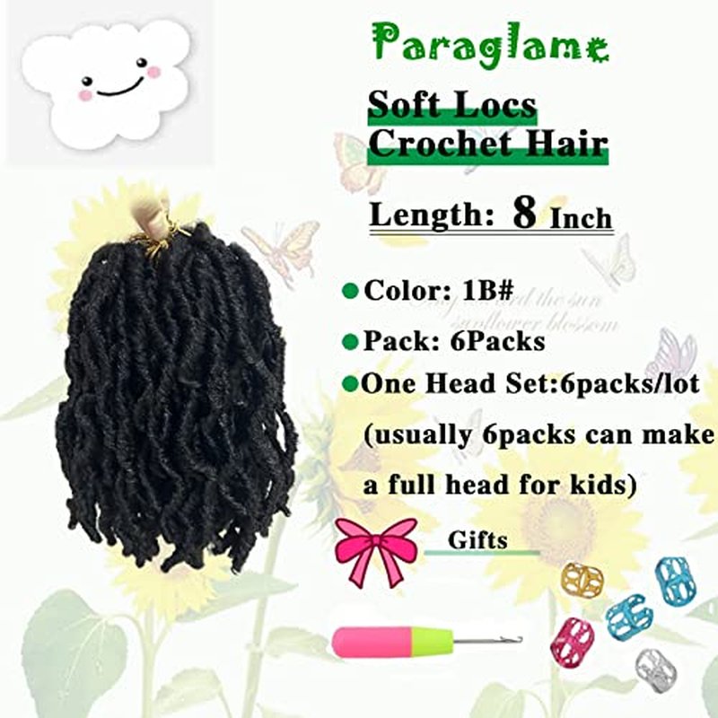 Faux Locs 8 Inch 6 Packs Soft Locs Crochet Hair for Kids, Pre-looped Goddess Locs Braiding Hair New Faux Locs for Black Women(1B#, 6Packs)