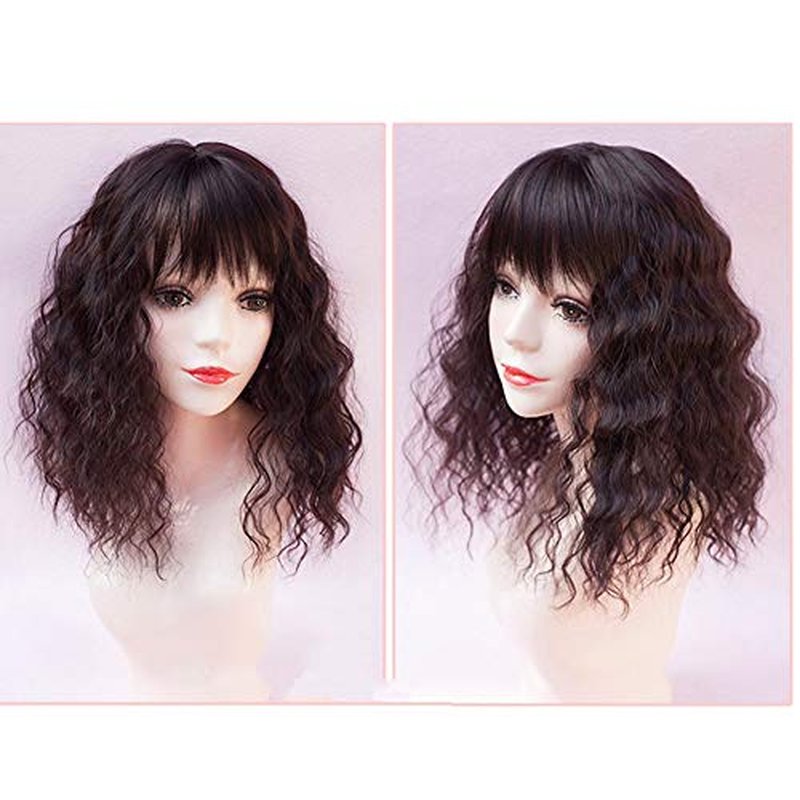 RemeeHi Clip on Curly Wavy Synthetic Top Wiglet Hairpieces for Thinning Loss Hair, Topper Hairpieces with Bangs for Women Dark Brown 18 inch(Thin)