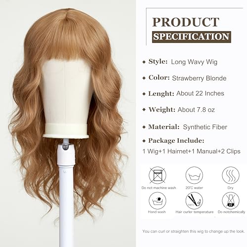 Esmee Strawberry Blonde Long Wavy Wig with Bangs for Women Natural Synthetic Hair Heat Resistant Wigs for Daily Party Cosplay Wear 22 Inches
