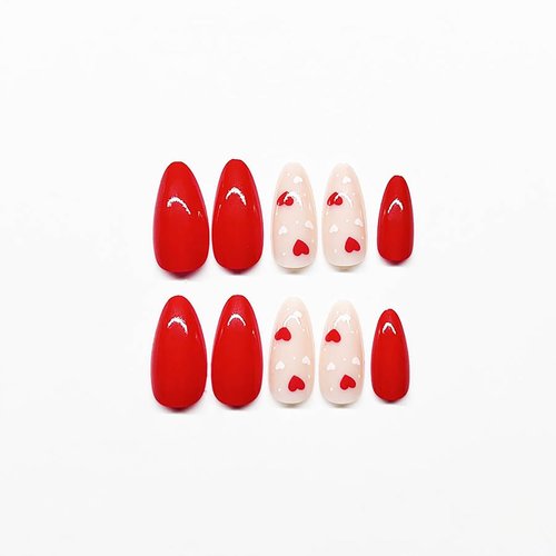 24Pcs Valentines Press on Nails Short Almond Fake Nails Full Cover Solid Color Acrylic Nails White Red Heart False Nails Valentine's Day Artificial Nails Romantic Hearts Stick on Nails for Women Girls