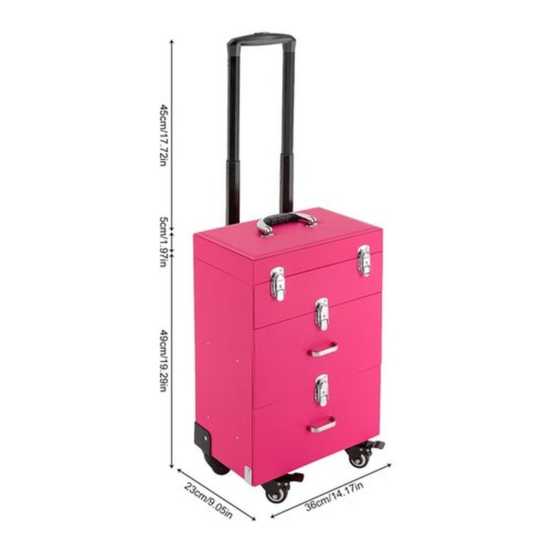 PalaUha Rolling Makeup Train Case Professional Cosmetic Organizer Trolley with Drawers Compartment Nail Case Wheeled Manicure Pedicure Storage Case for Hair Stylists Makeup Artists (Pink & Silver)