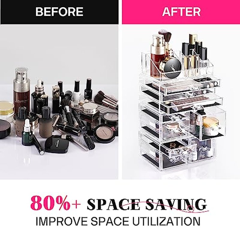 DreamGenius Makeup Organizer 4 Pieces, Acrylic Makeup Storage Box with 9 Drawers for Lipstick Jewelry and Makeup Brushes, Stackable Vanity Organizer for Dresser and Bathroom Countertop, Black