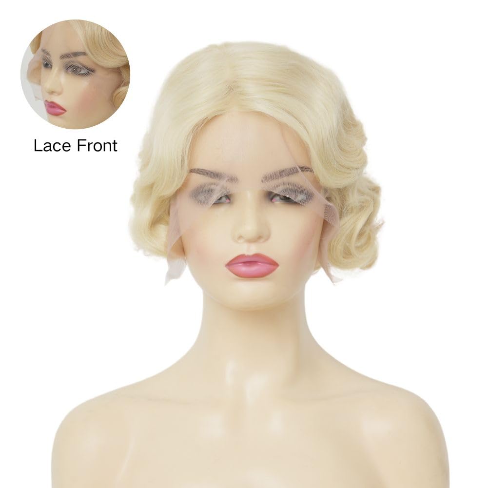 Salaibs Finger Wave Lace Front Wigs for Women Blonde Short Curly 1920s Wig Synthetic Heat Resistant Halloween Cosplay Costume Hair Wig