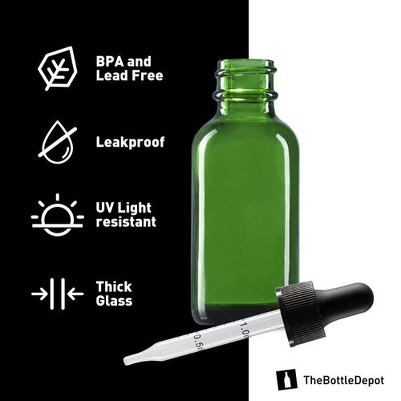 The Bottle Depot - 2 Pack - 1 oz Glass Bottle with Dropper - Green - 20-400 Neck Finish - Boston Round Bottles - Leakproof Essential Oils Bottles
