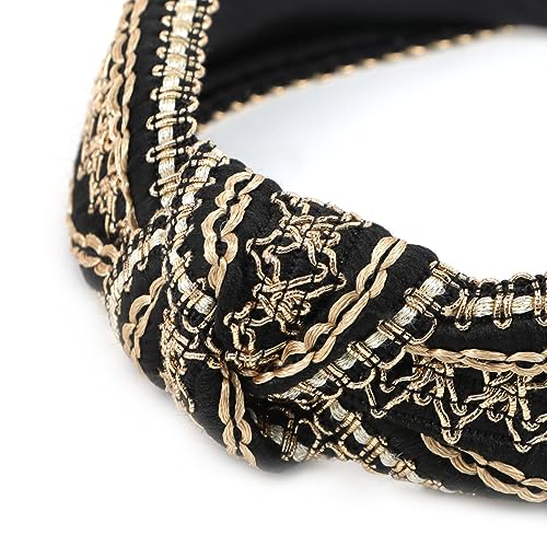 YISSION 2PCS Knotted Headbands for Women & Girls - Non Slip Wide Embroidery Boho Fashion Top Knot Headbands - Black & White Vintage Hair Accessories