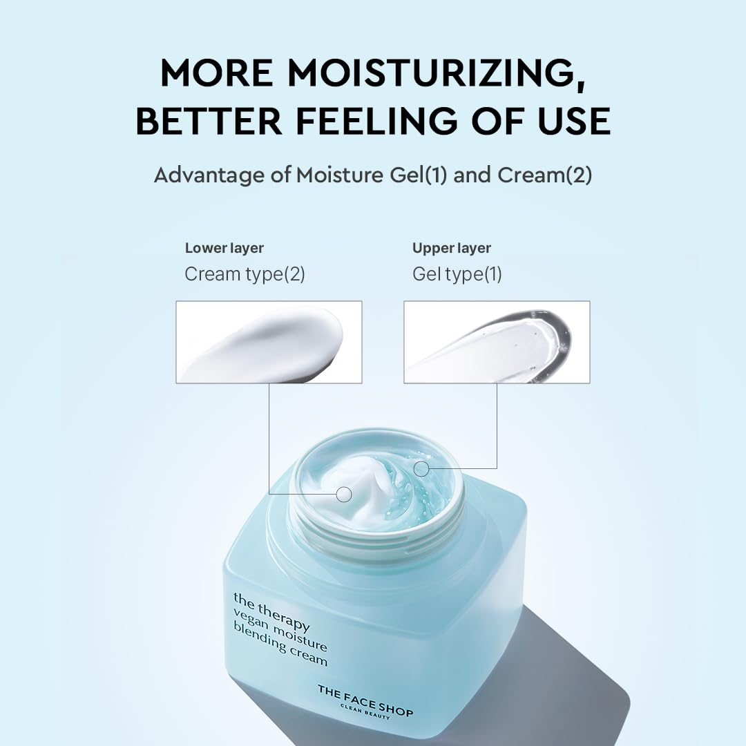 The Face Shop The Therapy Vegan Moisture Blending Cream | Vegan Moisturizer | Cooling | Hydrating | Skin-Friendly | 2-in-1 Gel & Cream | K-Beauty
