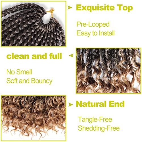 14 Inch Boho Box Braids 7 Packs Goddess Box Braids Crochet Hair Pre Looped Crochet Braids for Black Women Braiding Hair with Curly Ends Ombre Box Braids Hair(14 Inch, 7Packs, 1B/27)