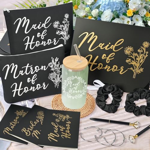 42Pack Bridesmaid Proposal Gifts,Maid of Honor Gifts Matron of Honor Gifts Including Bridesmaid Boxes,16oz Cups Makeup Bag Bracelets Diamond Pen Invitation Cards Scrunchies for Wedding (Black)