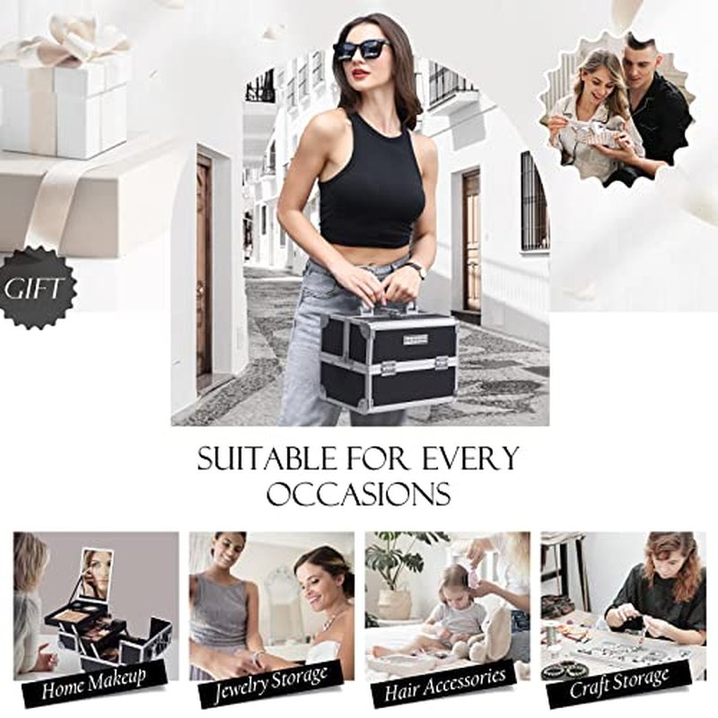 FRENESSA Makeup Train Case Cosmetic Organizer Case Portable Makeup Box with Mirror 2 Trays Lockable Make up Travel Storage Case for Makeup Artist, Nail Kits, Makeup Tools Makeup Case Modern Black