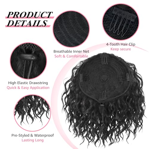Adancyler Messy Bun Hair Piece Yaki Textured Sweet Loose Wavy Curly Hair Bun Short Drawstring Ponytail Extensions Hair Toppers Synthetic Hairpieces Pony Tails Hair Extensions for Women(Black)