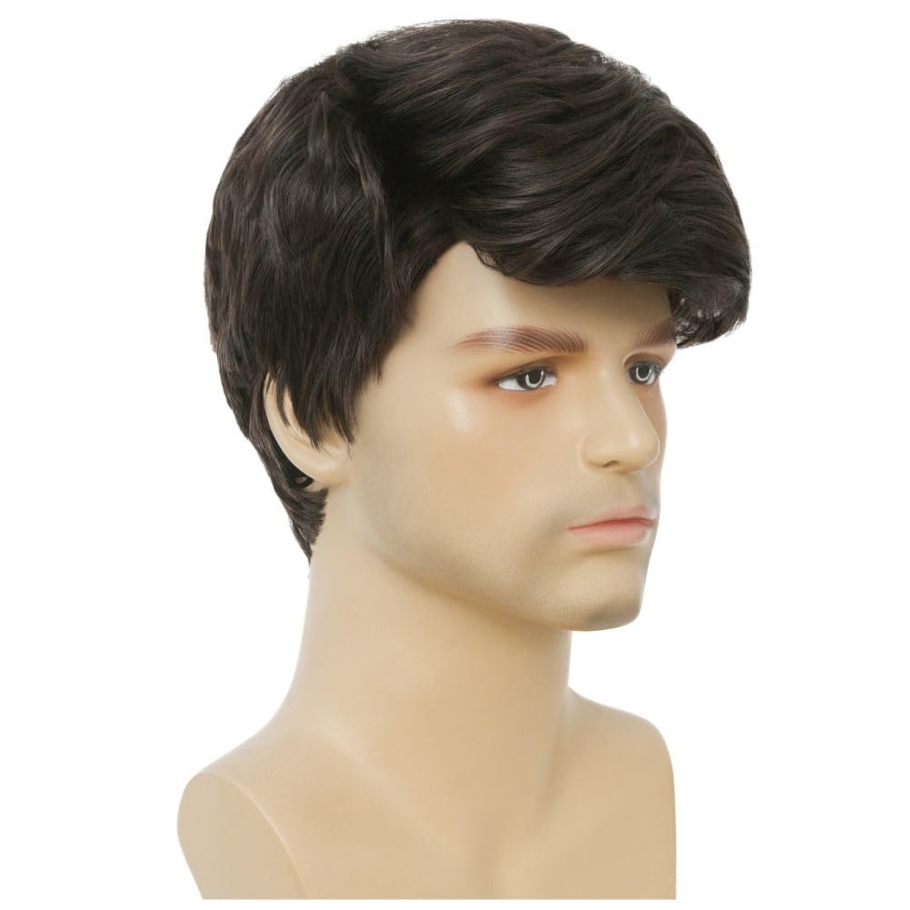 Amnenl Mens Brown Short Wig Layered Natural Wigs Side Part Male Hair Wig with Bangs for Daily Use