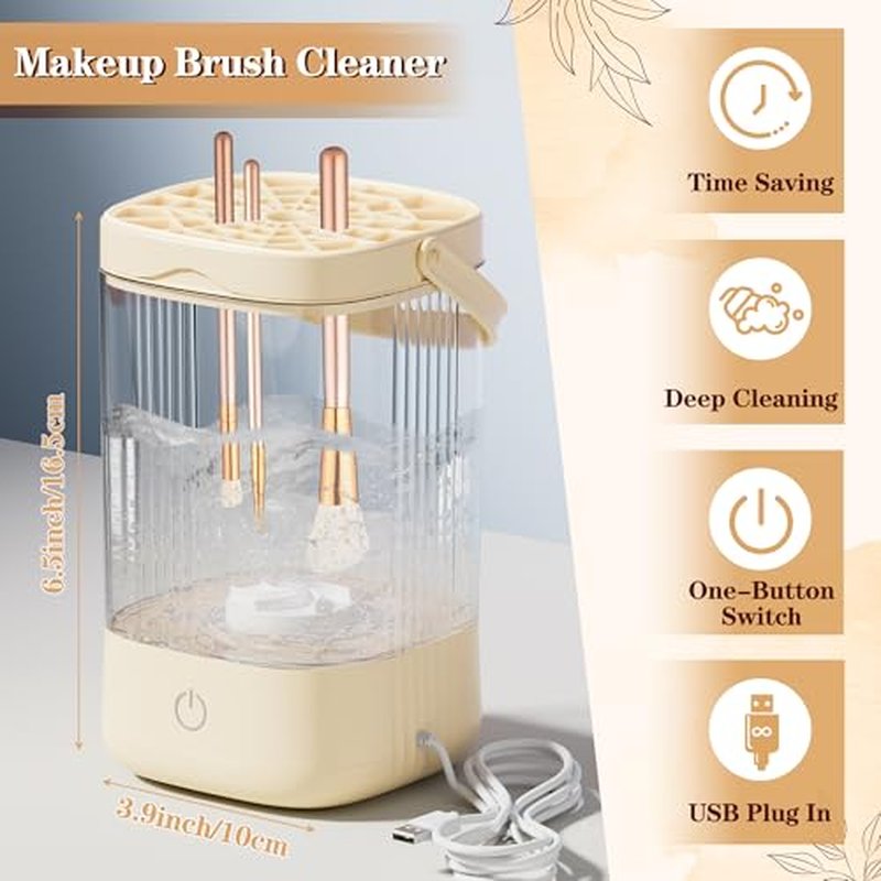 GQIRIL Electric Makeup Brush Cleaner - Portable Makeup Brushes Cleaning Machine, Automatic Spinning Cosmetic Brushes Washer, Make Up Brush Cleaner Tools for Most Sizes Brushes and Sponges (Beige)