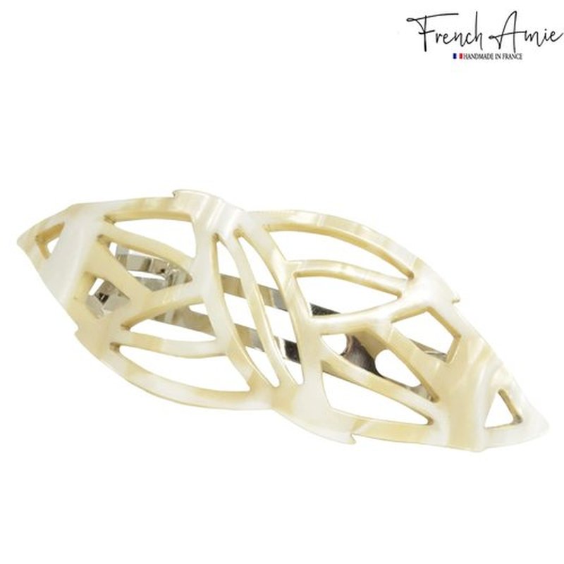 French Amie Classy Leaf Cream Ivory Large 3 1/2” Celluloid Acetate Handmade Automatic Hair Clip Barrette with Sturdy Silver Clasp for Women and Girls, Made in France (Cream Ivory)