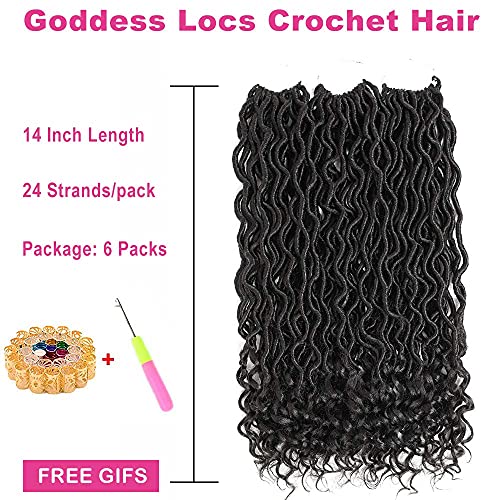 6Pcs/Lot Goddess Locs Crochet Hair 14 Inch Wavy Curly Faux Locs Crochet Braids Goddess Braids Crochet Hair Goddess Curly Faux Locs Crochet Hair Curly Braiding Hair with Culry End (14" 6 Packs, #1B)