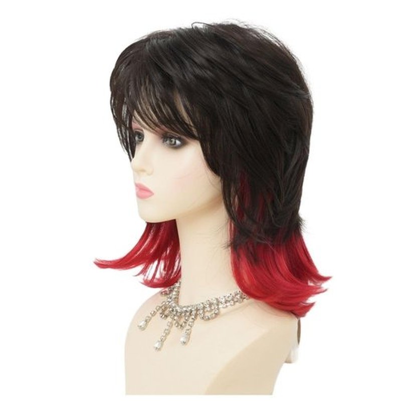 Dai Cloud Black Red Mullet Wig for Women Layered Shaggy Wig with Bangs Synthetic Wigs for Cosplay Daily Party Use