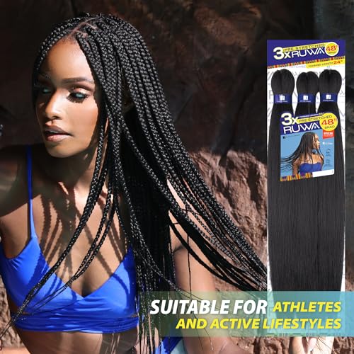 Sensationnel Ruwa prestretched braiding hair - 3x 48 inch water repellent kanekalon fast dry synthetic sports itch free (5 pack, 1 JETBLACK)