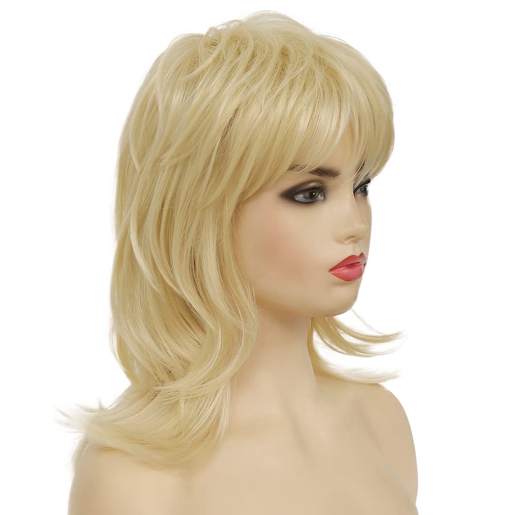 Kaneles Blonde Mullet Wigs for Women Layered Curly Hair with Bangs Shoulder Length Synthetit Replacement Wig 70s 80s Costume Cosplay Party Wig (Blonde)