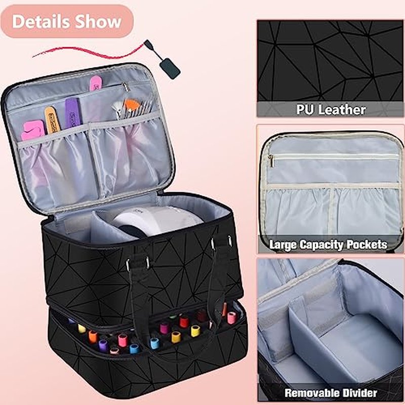 FCQQYWZ Nail Polish Organizer Case - Holds 42+ Bottles (15ml/0.5 fl.oz) and 1 Nail Lamp, Upgraded Double-layer Nail Polish Carrying Case Nail Polish Storage Bag with Handles (Black)