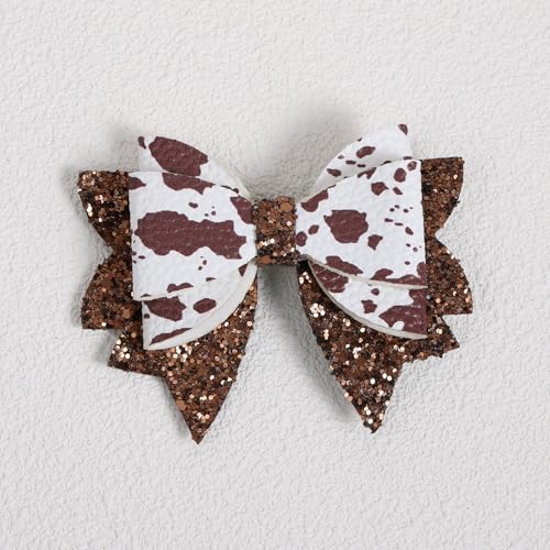 2 Pack 3.5-Inch Glitter Sparkly Brown Cow Hair Bow Clips for Western Cowgirls Cute Moo Cow Alligator Hairpins Barrettes Toddler Teens Women Kids Birthday Party Decorations Gift