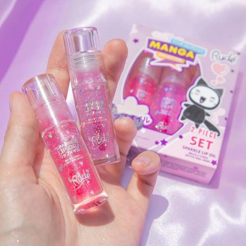 RUDE Cosmetics Manga Collection Sparkle Lip Oil Set, Cute Lip Gloss for Women & Girls, Hydrating & Moisturizing Lipgloss for Smooth, Nourished Lips, Long Lasting Glossy, Strawberry & Grape