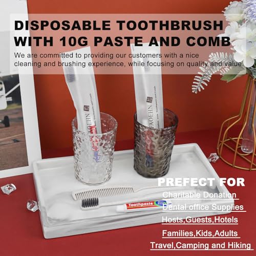 FAOEHN 10 Pack Apricot Disposable Toothbrushes with Toothpaste and Comb Set,10g Toothpaste,7inch Hair Comb,Individually Wrapped Disposable Travel Size Toothbrushes in Bulk for Homeless,Airbnb,Hotel