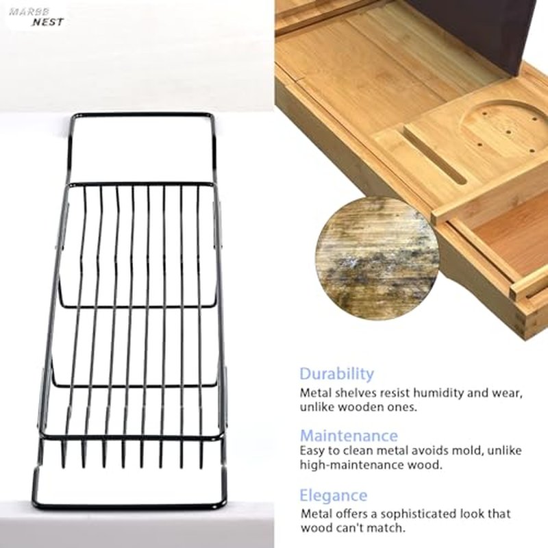 MARBBNEST Bathtub Tray Caddy for Luxury Bath Expandable Extra Wide Bath Tub Tray with Natural Marble Tray and Mobile/Tablet Stand, Ideal for Home Spa Lovers(Black + Jazz White)