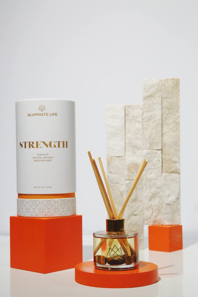 ALUMINATE LIFE Crystal Infused Reed Diffuser, 4 OZ, Strength - Tiger Eye Crystal Infused - Scents of Cedarwood, Amber, & Sage - Home Decor, House Warming, Room, Stick Perfume, Shelf or Coffee Table