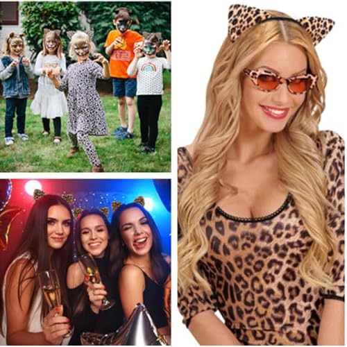 Cheetah Ears Hairband, Leopard Ears Headband for Women and Girls, Halloween Cosplay Accessories with Metal Headband and Artificial Furry Cat Ears