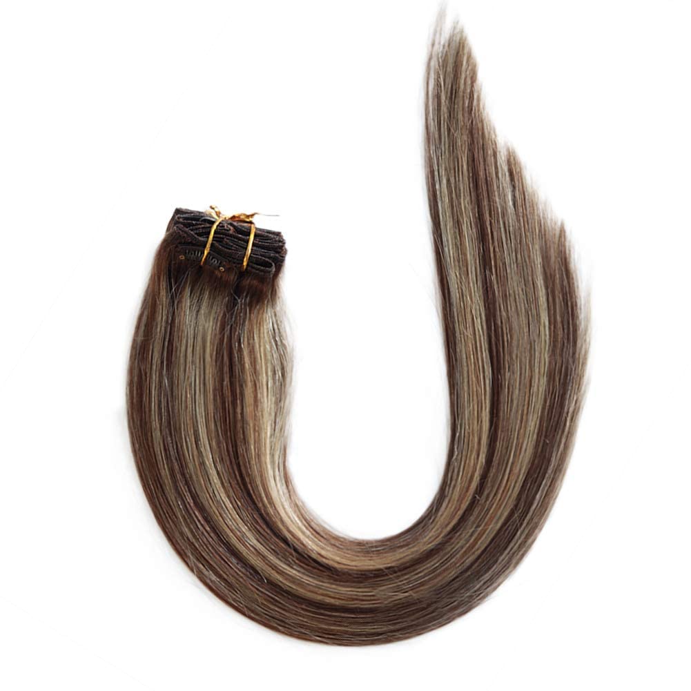 Clip in Hair Extensions Real Human Hair, Balayage Dark Roots Fading to Ash Brown Straight Natural Remy Hair Seamless Clip in Hair Extensions with 16 Clips 14" 70G