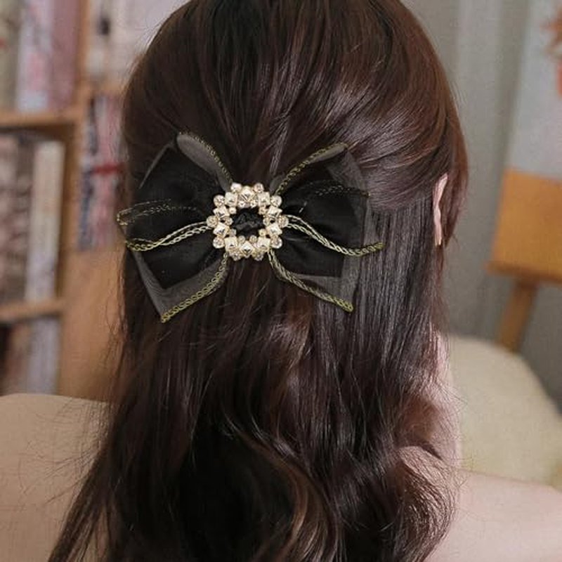 Large Bow Hair Clip Rhinestone Hair Black white lace bow Headdress Hair Accessories for women(Black)