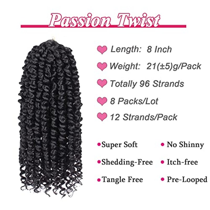 Leeven 8 Inch 8 Packs Pre-twisted Passion Twist Crochet Hair With Curls At The Ends Natural Black Pre-looped Short Bohemian Passion Twists Crochet Braiding Hair Extensions for Women 1B#