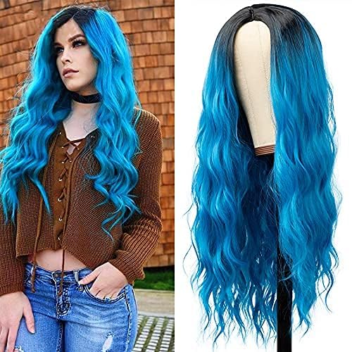 Kaneles Blue Wigs for Women Ombre Long Blue Fluffy Curly Wavy Colorful Wigs for Daily Party Cosplay