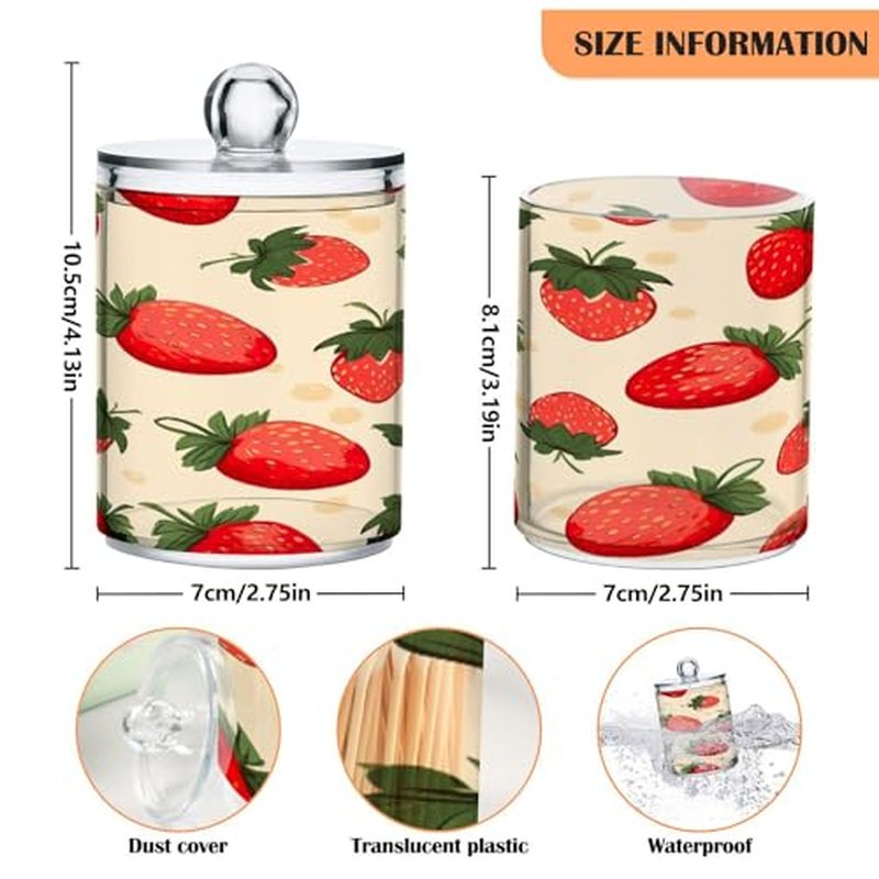 Blueangle 4 Pack Strawberry Pattern Qtip Holder Dispenser for Cotton Ball, Cotton Swab - Plastic Apothecary Jar Set for Bathroom Canister Storage Organization(897)