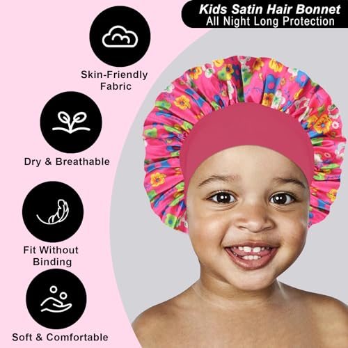 3 Pcs Silk Hair Bonnet for Sleeping - Baby Satin Bonnets for Girls Kids Sleep Cap Hair Wraps for Curly Natural Hair with Elastic Wide Band (Black+Hot Pink+Blue)…