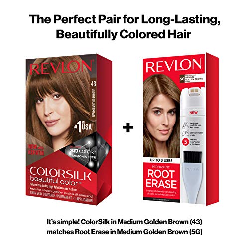 Revlon Permanent Hair Color, Permanent Hair Dye, Colorsilk with 100% Gray Coverage, Ammonia-Free, Keratin and Amino Acids, 43 Medium Golden Brown, 4.4 Oz (Pack of 3)
