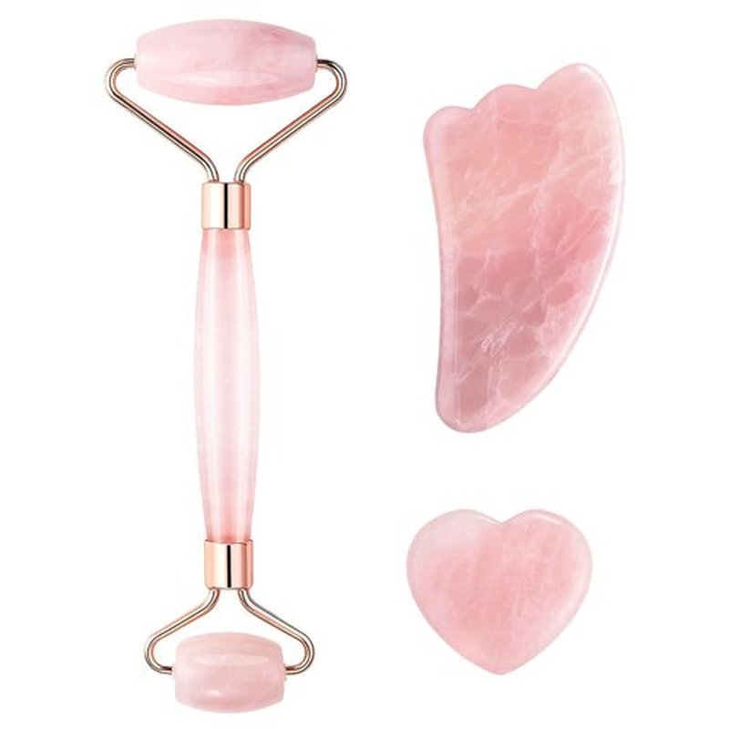 Jade Roller and Gua Sha Set - Anti Aging Rose Quartz Face Roller Massager & Guasha Tool for Face, Eye, Neck - Natural Beauty Skin Care Tools Body Muscle Relaxing Relieve Wrinkles (Pink)