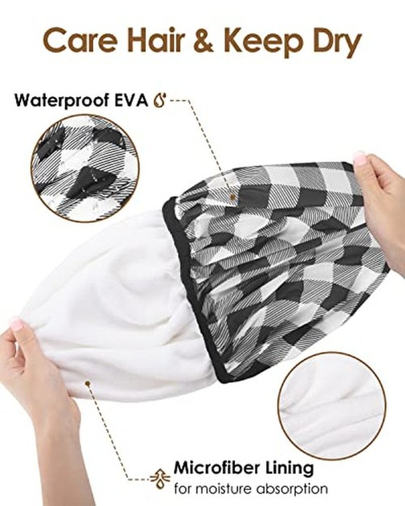 Auban Shower Cap, Shower Cap for Women Terry Cloth Lined EVA Exterior Reusable Double Layer Waterproof, Large Bath Hair Cap, Hotel Travel Essentials Accessories Cleaning Supplies (Checked)