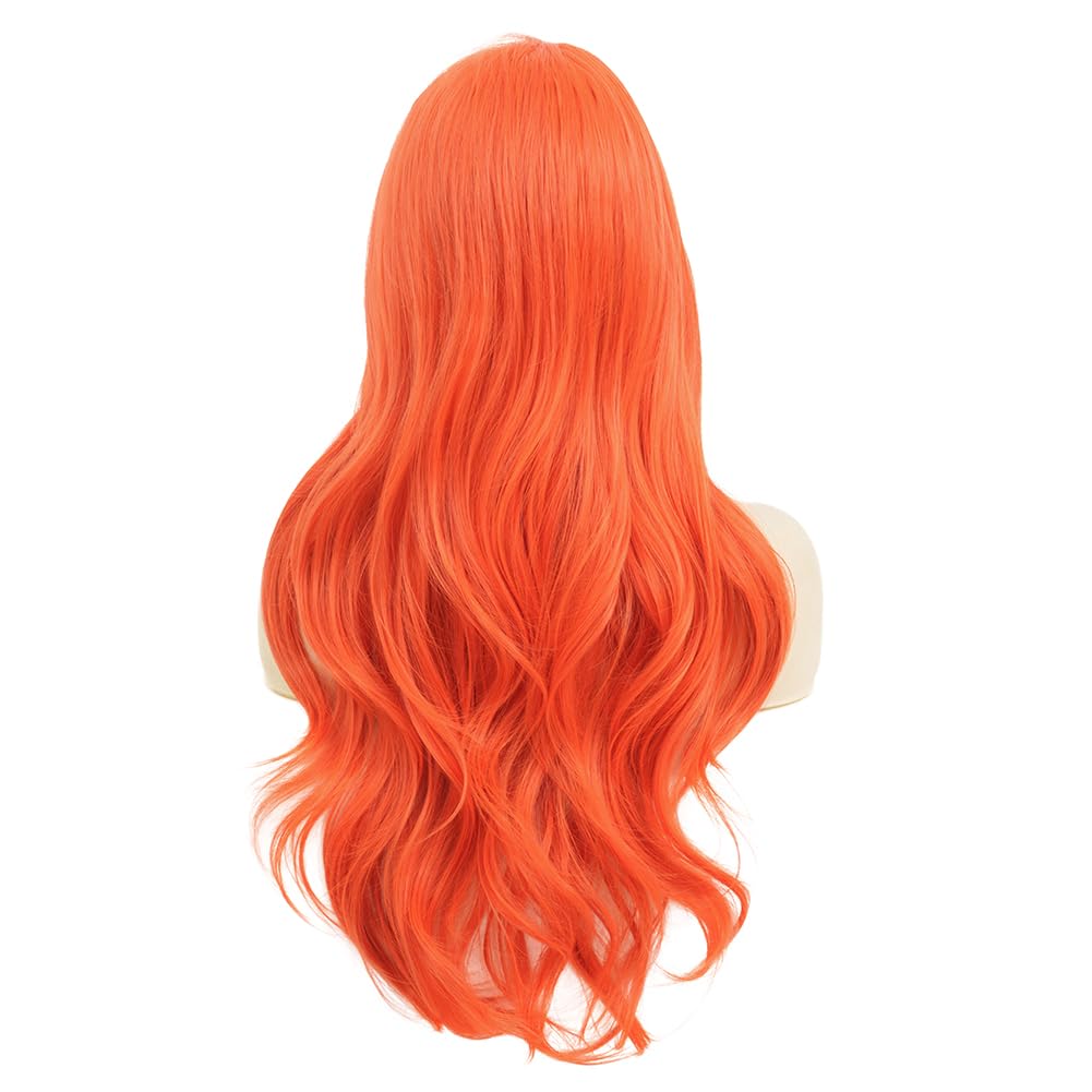Tseses Orange Long Curly Wavy Womens Wig Hair Natural Looking Side Part Cosplay Halloween Synthetic Fiber Wig Heat Resistant Replacement Full Wig (Orange)