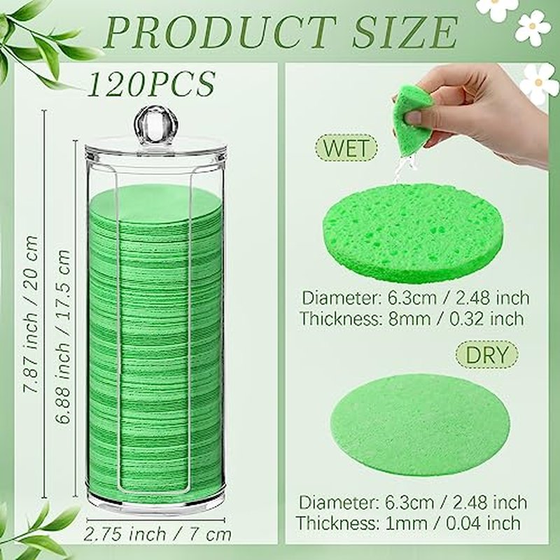 120 Pcs Compressed Facial Sponges Natural Face Exfoliator Disposable Face Sponges for Cleansing Round Soft Facial Scrubber Pads with Storage Container for Makeup Removal Travel (Green)