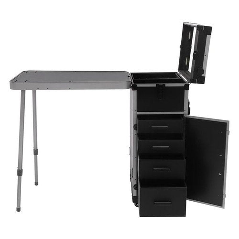 Makeup Train Case With 4 Universal Wheels,Portablel Makeup Suitcase With Drawers,Unfold Table And Makeup Mirror,Rolling Cosmetic Storage Organizer For Makeup Artist,Hairstylist,Etc (Black, Grey)