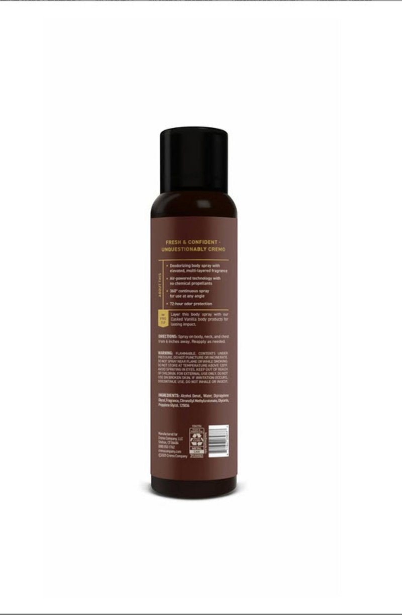 Cremo Casked Vanilla Body Spray, A Sophisticated Blend of Black Plum, Warm Incense, and Madagascar Vanilla, 3.5 Fl Oz