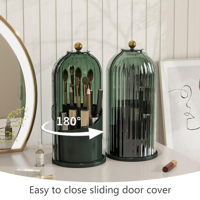 Emljkvp Makeup Brush Holder with Dustproof Cover 360 Rotating Makeup Brush Organizer for Vanity Bathroom, All Black