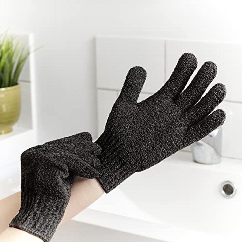 Temple Spring Exfoliating Gloves - Rayon Bamboo Bath/Shower Gloves, Bath Gloves for Shower Exfoliating and Ingrown Hair/Dead Skin Remover - Exfoliator Mitt Scrub Gloves - Black