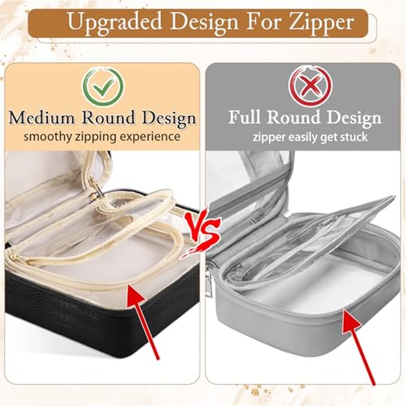 ZQQZAN Travel Makeup Bag - Large Capacity Cosmetic Bag with Makeup Brush Bag, Leather Makeup Travel Case Open Flat Makeup Case, Cute Makeup Organizer Bag for Women Girls, Black
