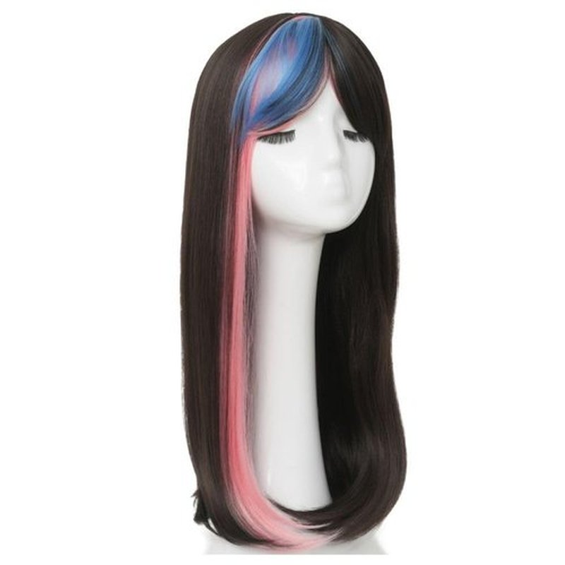 Tseses Long Straight Black Mix Pink Womens Wig Natural Synthetic Hair with Highlight Pastel Bangs Heat Resistant Middle Part Wig for Cosplay Daily Use(Black Pink and Blue)