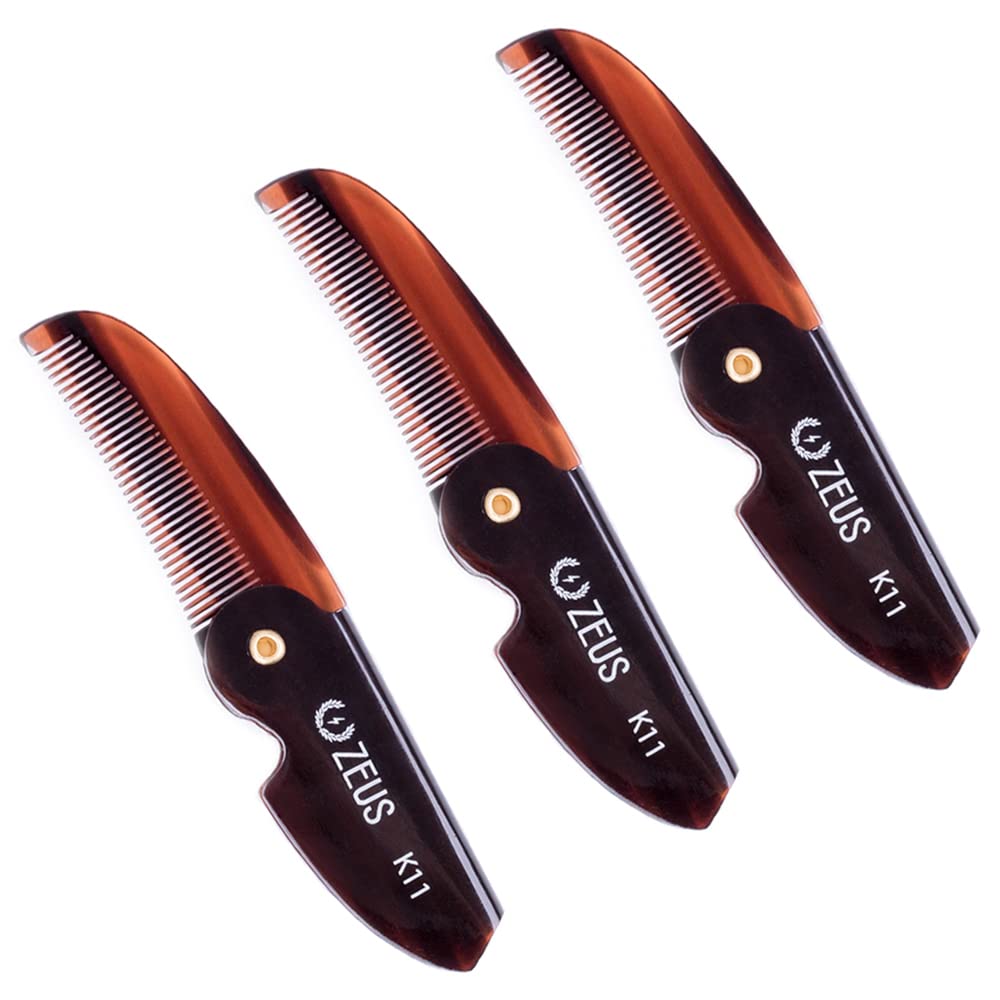 ZEUS Folding Mustache Comb for Men, Handmade Saw-Cut Pocket Comb for Men’s Beard & Moustache Grooming, Compact & Travel Friendly (Traditional) 3 PACK